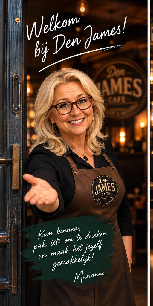 Marianne verwelkomt je bij Café Den James
