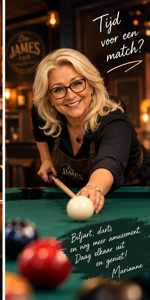 Marianne aan de biljarttafel, klaar voor een match