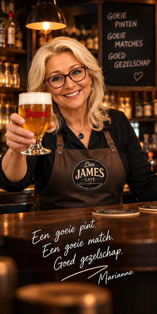 Marianne biedt een fris getapt glas aan achter de toog
